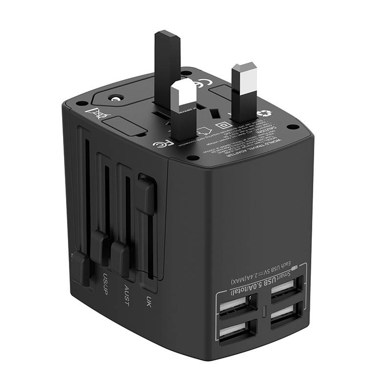 Univerzalni zidni punjač / AC adapter Budi 4x USB, 5A, EU/UK/AUS/US/JP (crni)