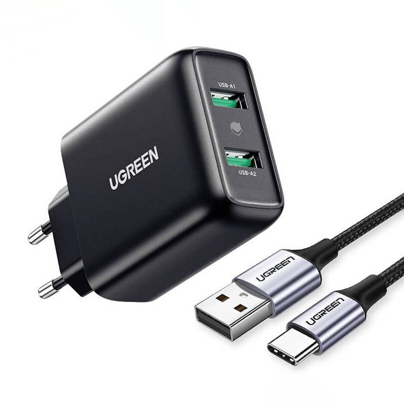 Brzi punjač UGREEN, 2xUSB-A, 18W, PD 3.0 EU (crni)