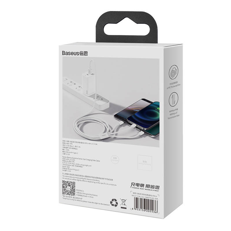 Quick Charge USB na M+L+C Baseus Superior Data 3.5A 1m (bijeli)