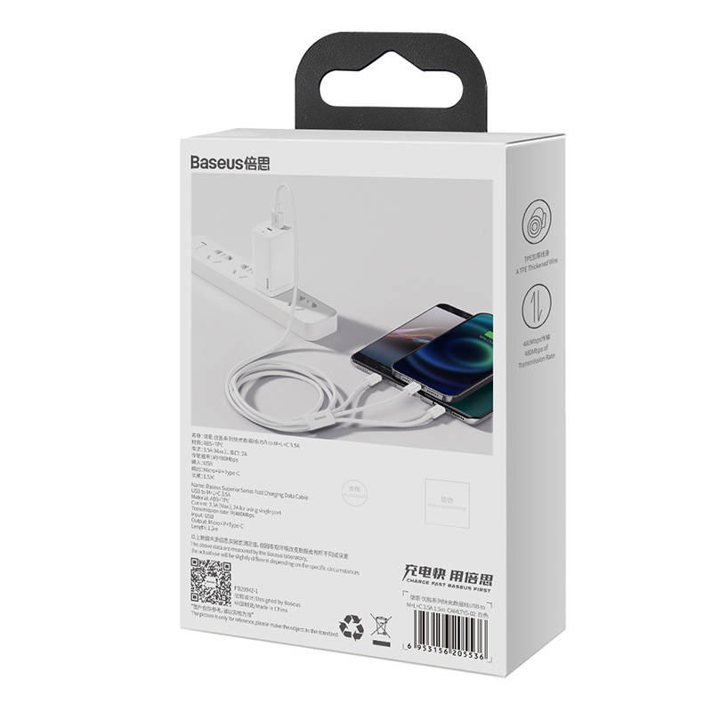 Quick Charge USB na M+L+C Baseus Superior Data 3.5A 0,5m (bijeli)