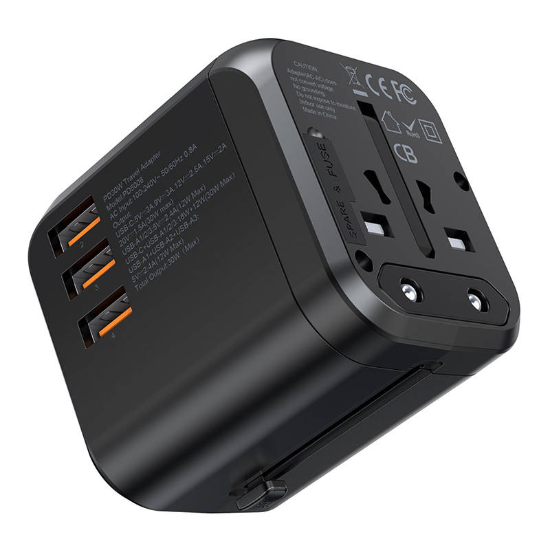 Putni zidni punjač Choetech PD5008, 3xUSB-A, 1xUSB-C, GaN, 30W (crni)