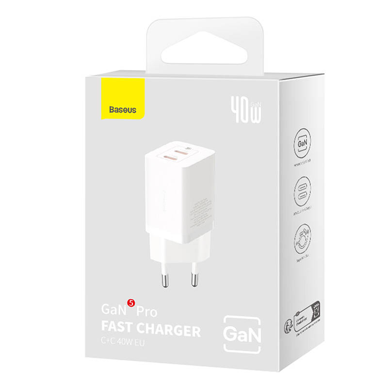 Zidni punjač Baseus GaN5 40W, 2x USB C (bijeli)