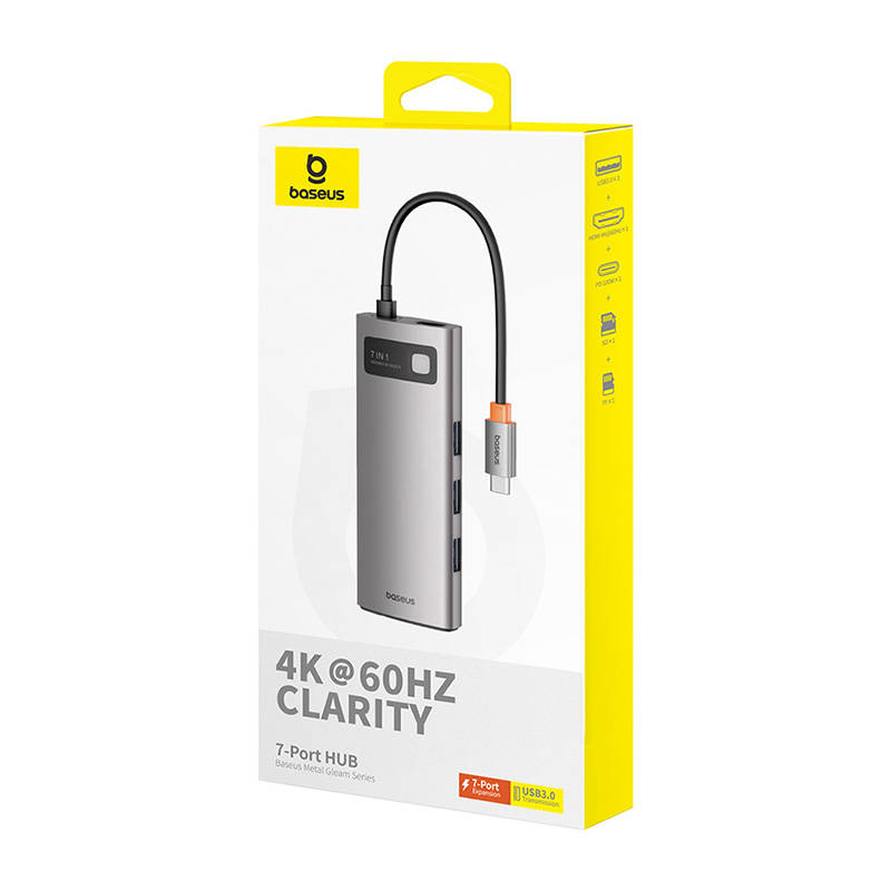 Hub 7in1 Baseus Gleam, USB-C na 1x HDMI4K 60Hz + 3x USB3.0 + 1x PD + 1x SD/TF (sivo)