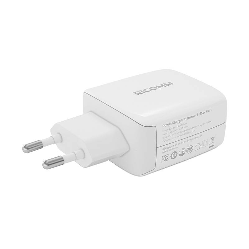 Zidni punjač 65W GaN Ricomm RC652 EU, 2xUSB-C + 2,1m USB-C kabel