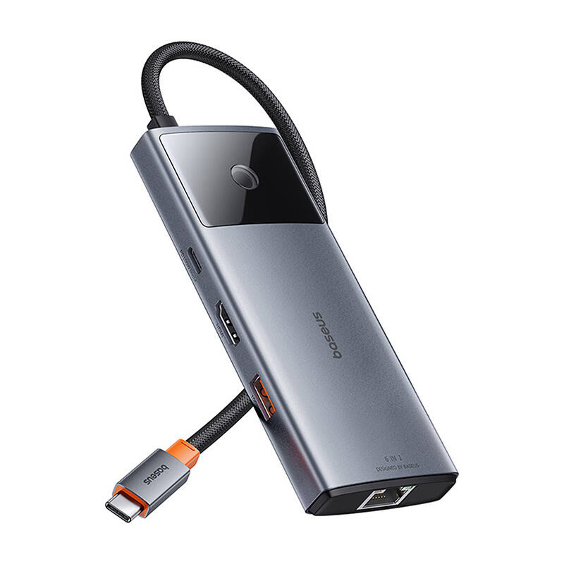 Hub 6u1 Baseus Metal Gleam 2 Series, USB-C do 2xUSB 3.0 +USB-C + HDMI + USB-C PD + Ethernet RJ45