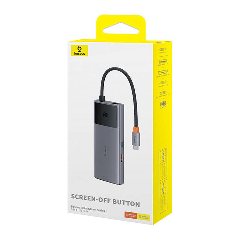 Hub 6u1 Baseus Metal Gleam 2 Series, USB-C do 2xUSB 3.0 +USB-C + HDMI + USB-C PD + Ethernet RJ45