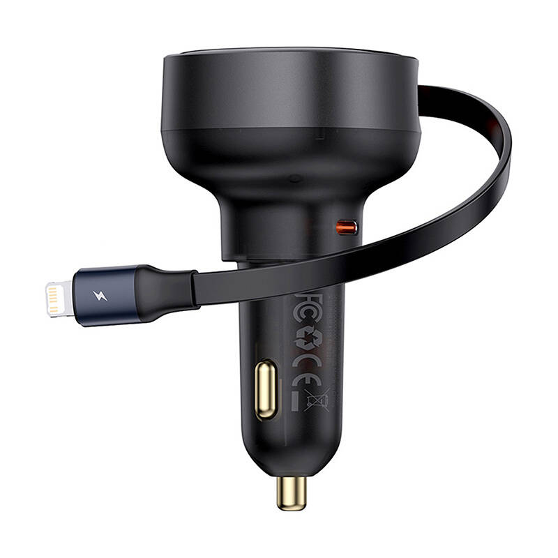 Auto punjač Baseus Enjoyment Pro s Lightning kabelom + USB-C, 55W (crni)