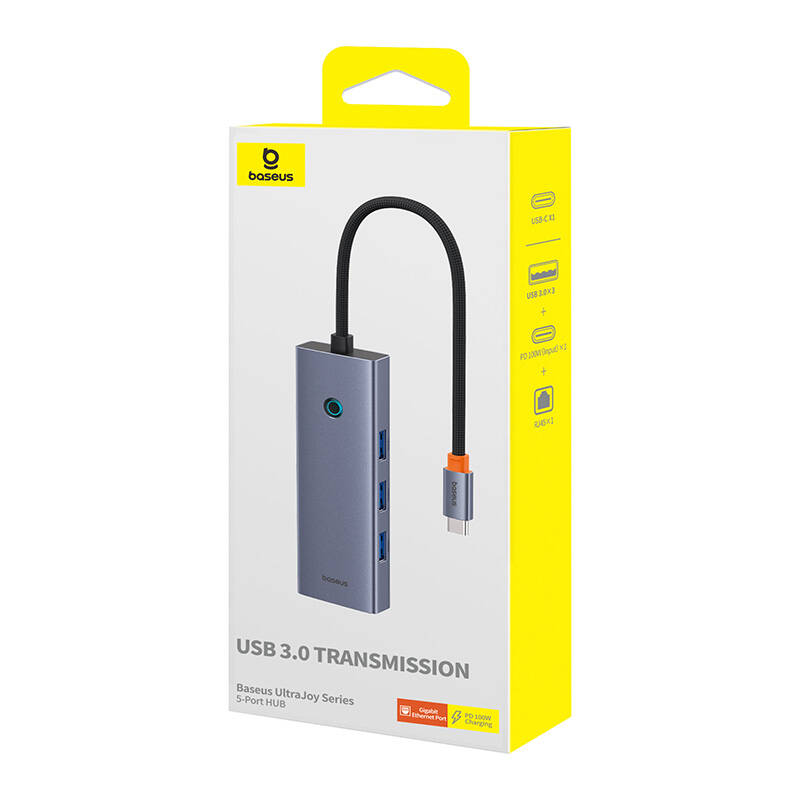 Hub 5u1 Baseus UltraJoy 5-Port (3xUSB3.0+RJ45+PD) sivi