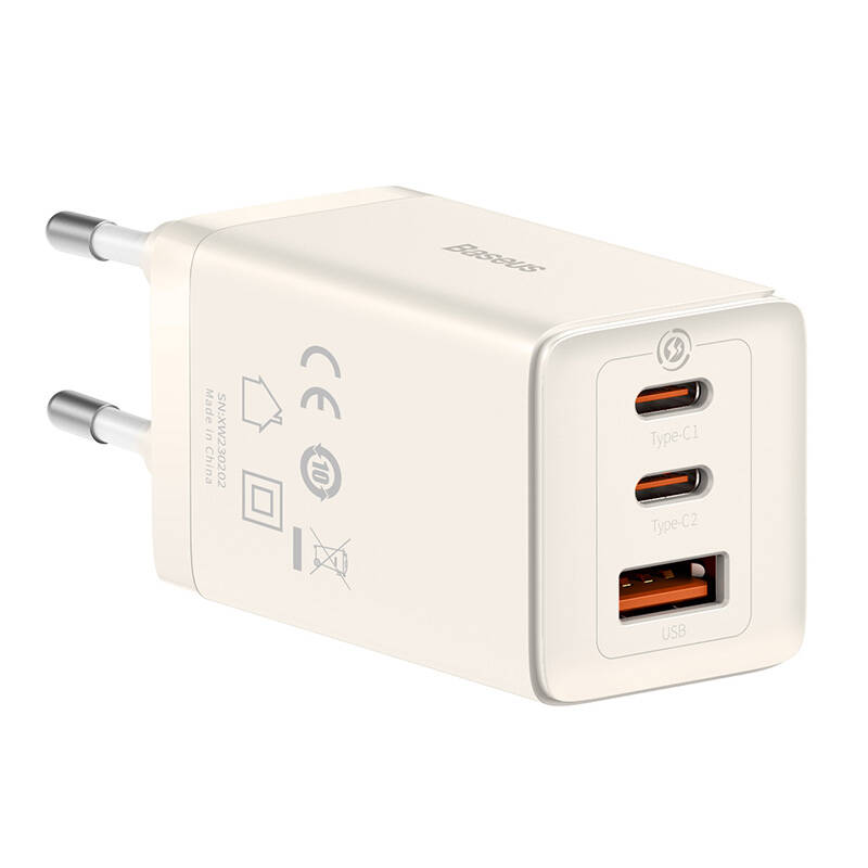 Zidni punjač Baseus GaN5 2x USB-C + USB, 65W + kabel 1m (bijeli)