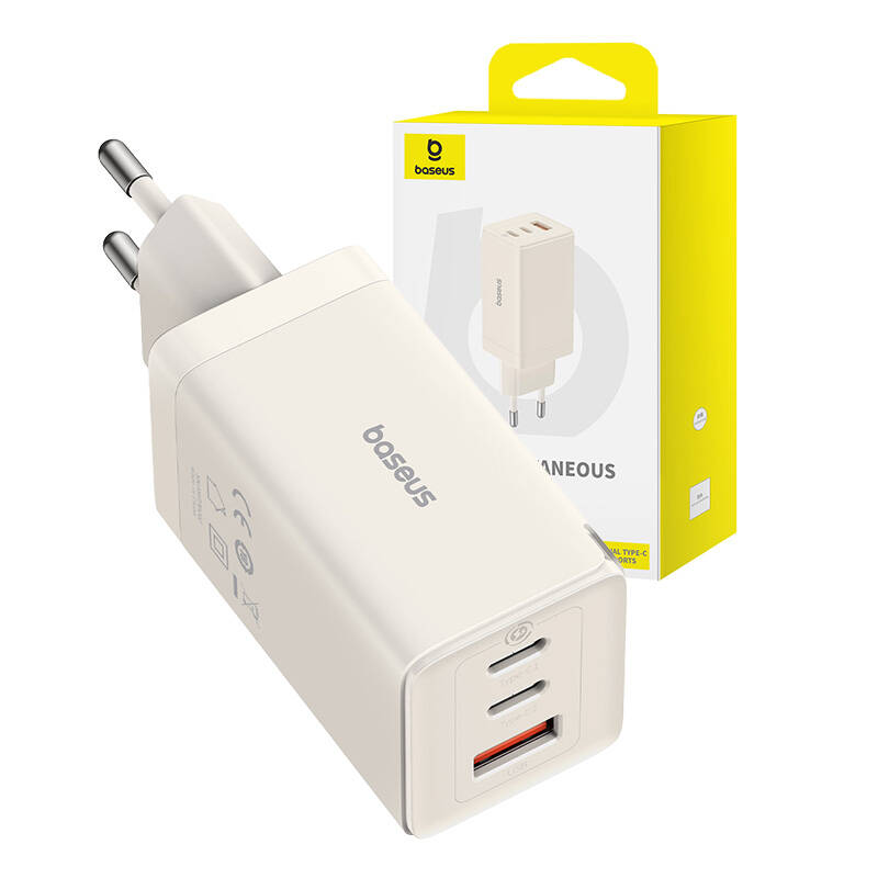 Zidni punjač Baseus GaN5 2x USB-C + USB, 65W + kabel 1m (bijeli)