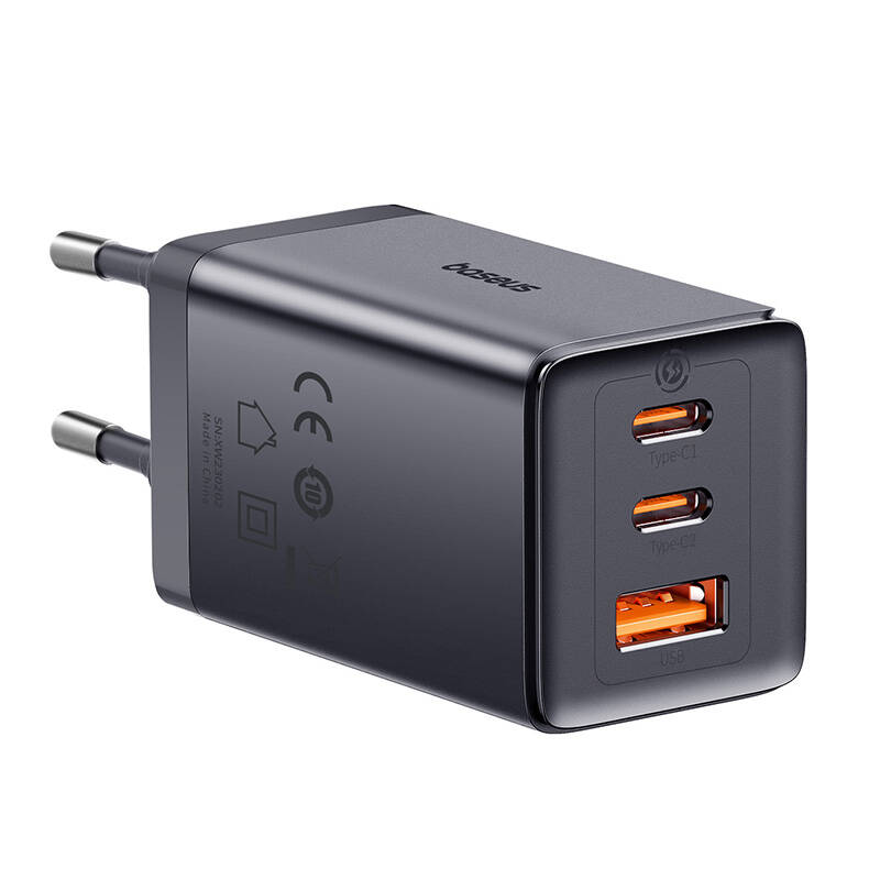 Zidni punjač Baseus GaN5 2x USB-C + USB, 65W + kabel 1m (siv)