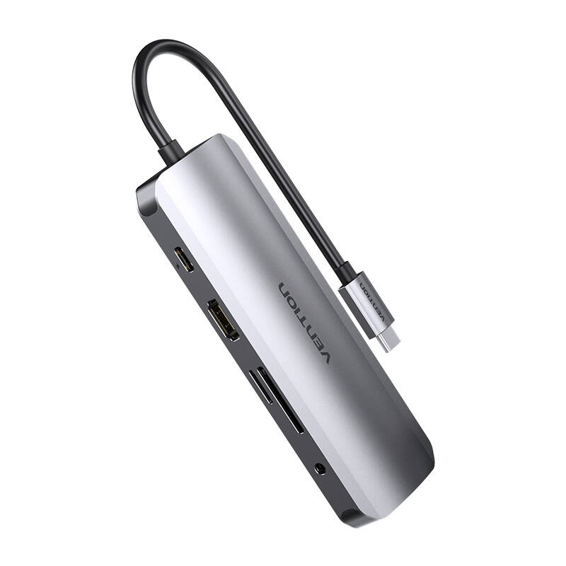 USB-C priključna stanica na HDMI, USB-C, 2x USB3.0, RJ45, SD, TF, TRRS 3,5 mm, PD 0,15 m Vention TOMHB (siva)