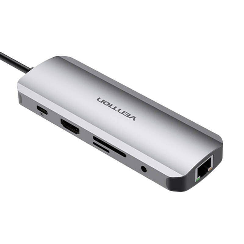 USB-C priključna stanica na HDMI, USB-C, 2x USB3.0, RJ45, SD, TF, TRRS 3,5 mm, PD 0,15 m Vention TOMHB (siva)