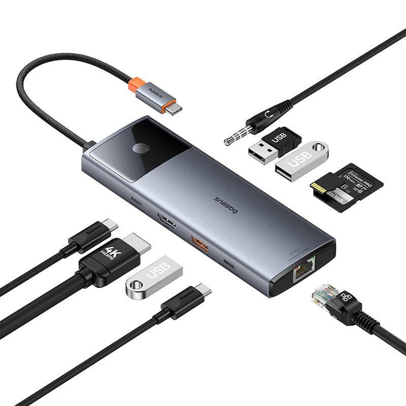 Hub 10u1 Baseus Metal Gleam II serija, USB-C do 1xHDMI, USB-A (10Gbps), USC-C, 2xUSB-A, Ethernet RJ45, SD/TF kartica, mini-jack 3,5 mm, USB-C(PD)