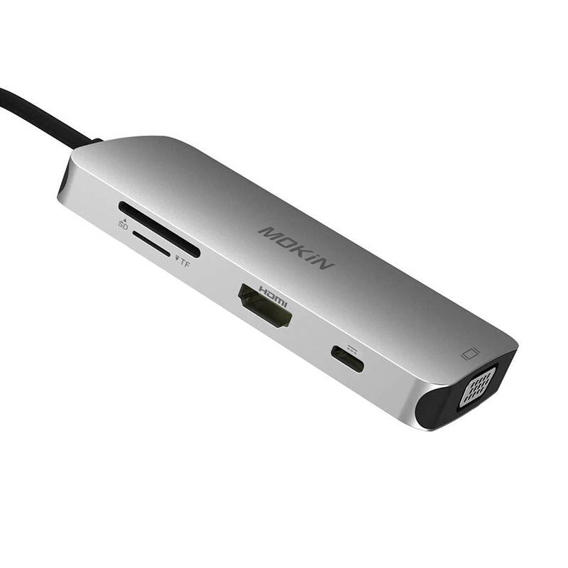 MOKiN 8u1 USB-C adapter na 3x USB 3.0 + HDMI + USB-C + VGA + čitač SD kartica + čitač mikro SD kartica (srebrni)