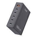 Univerzalni zidni punjač Budi 350, GaN PD+ QC3.0, 5xUSB-C+1xUSB-A, 160W US/UK/EU (crni)