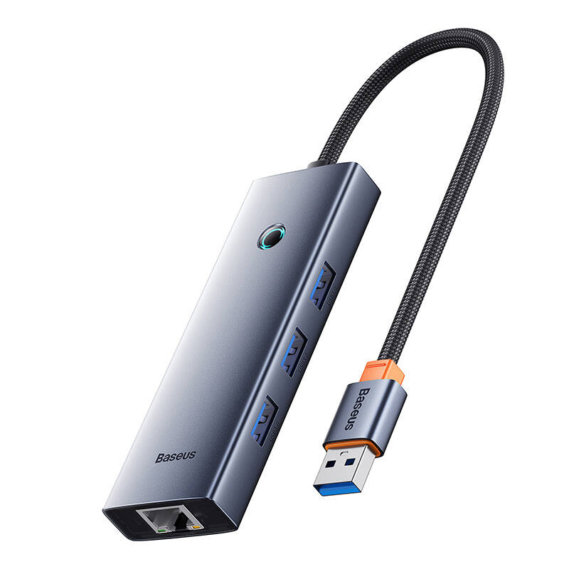 Hub Baseus UltraJoy Series Lite 4 priključka (USB na USB 3.0*3+RJ45*1+USB-C 5V) (sivo)