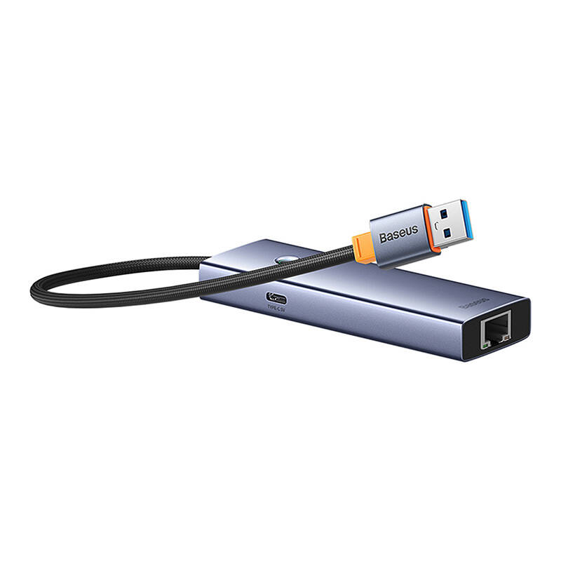 Hub Baseus UltraJoy Series Lite 4 priključka (USB na USB 3.0*3+RJ45*1+USB-C 5V) (sivo)