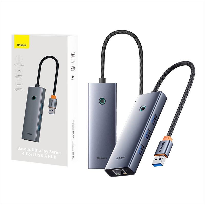 Hub Baseus UltraJoy Series Lite 4 priključka (USB na USB 3.0*3+RJ45*1+USB-C 5V) (sivo)