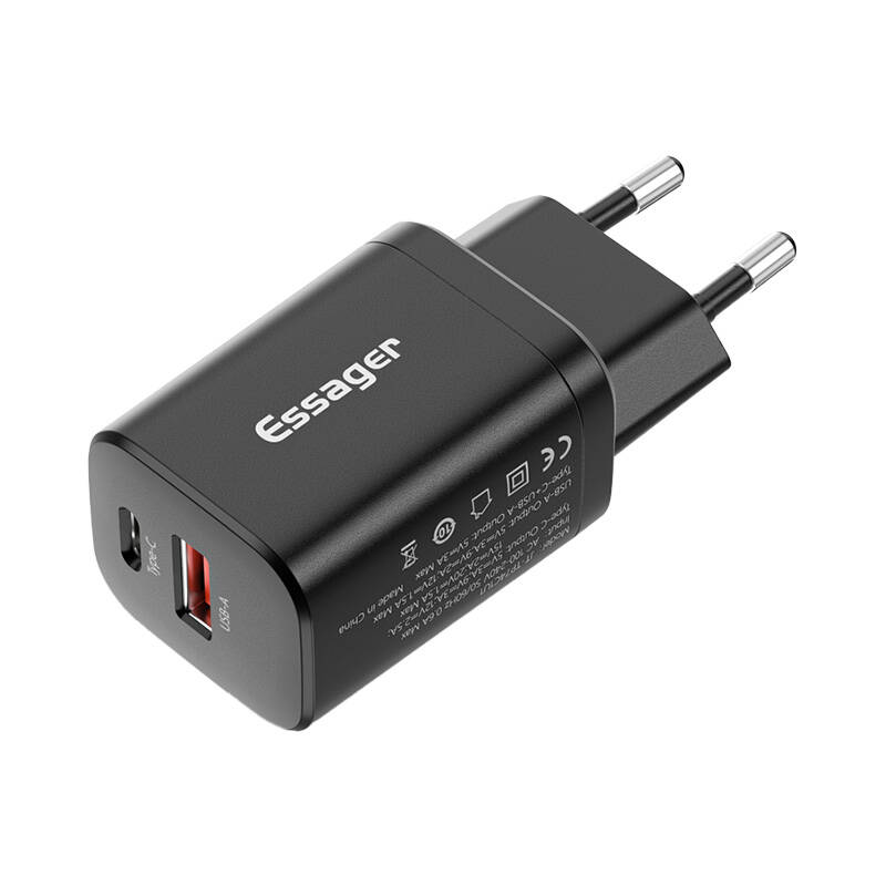 Zidni punjač USB-C+USB-A 30W Essager PD+QC (crni)