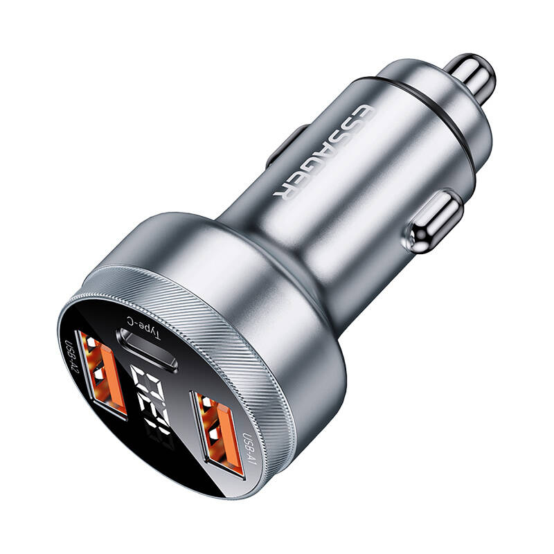 Auto punjač 2xUSB-A+USB-C 80W Essager LED (sivo)