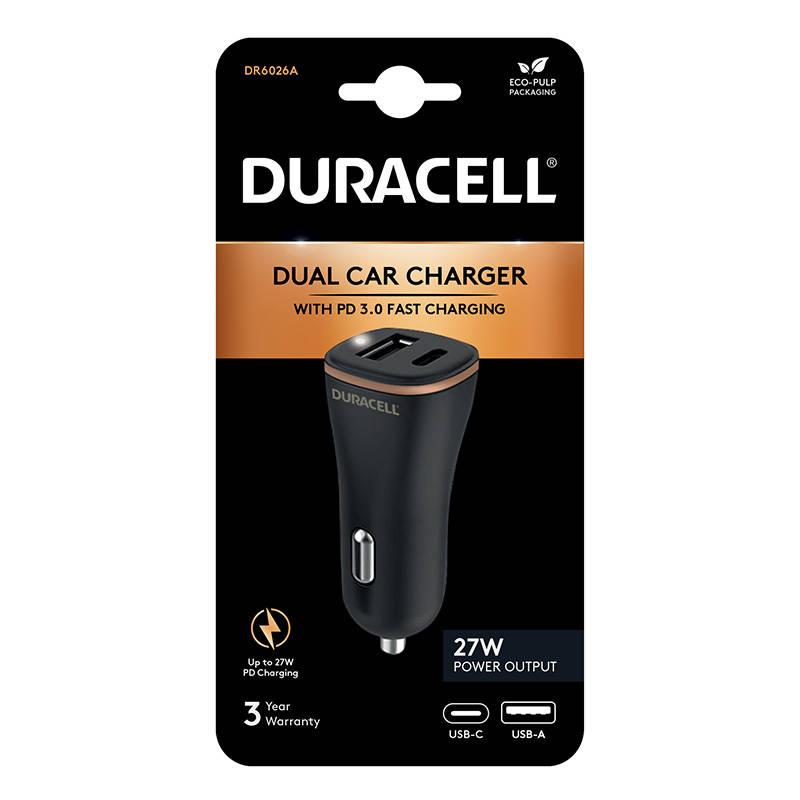 Auto punjač USB, USB-C 27W Duracell (crni)