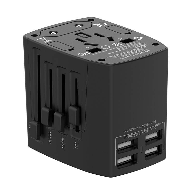 Univerzalni zidni punjač / AC adapter Budi 4x USB, 5A, EU/UK/AUS/US/JP (crni)