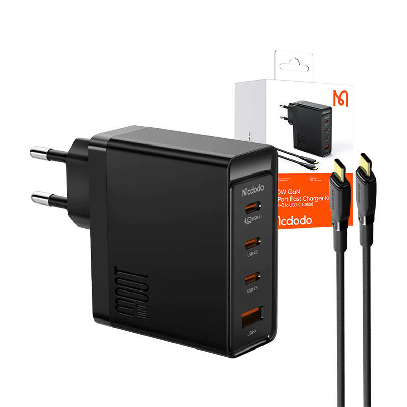 Zidni punjač McDodo GAN 3xUSB-C + USB, 100W + 2m kabel (crni)