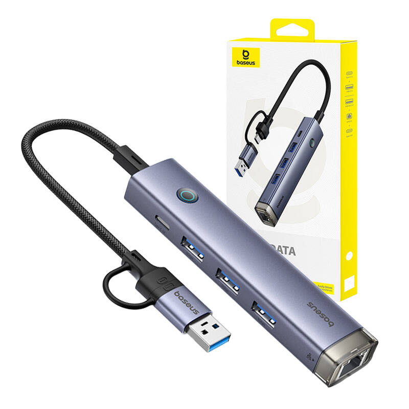 Hub 4u1 Baseus UltraJoy USB-A&USB-C na 3xUSB3.0+USB-C+RJ45 (sivo)