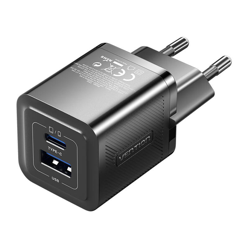 Zidni punjač, ​​Vention, FEQB0-EU, USB-C, USB-A, 30W/30W, GaN (crni)