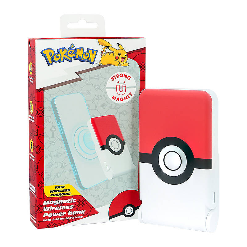 Magnetni powerbank OTL 5000 mAh, USB-C 15W, Pokemon Pokeball sa postoljem (crveno-bijeli)