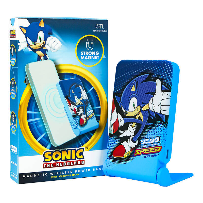 Magnetni powerbank OTL 5000 mAh, USB-C 15W, Sonic The Hedgehoh sa postoljem (plavi)