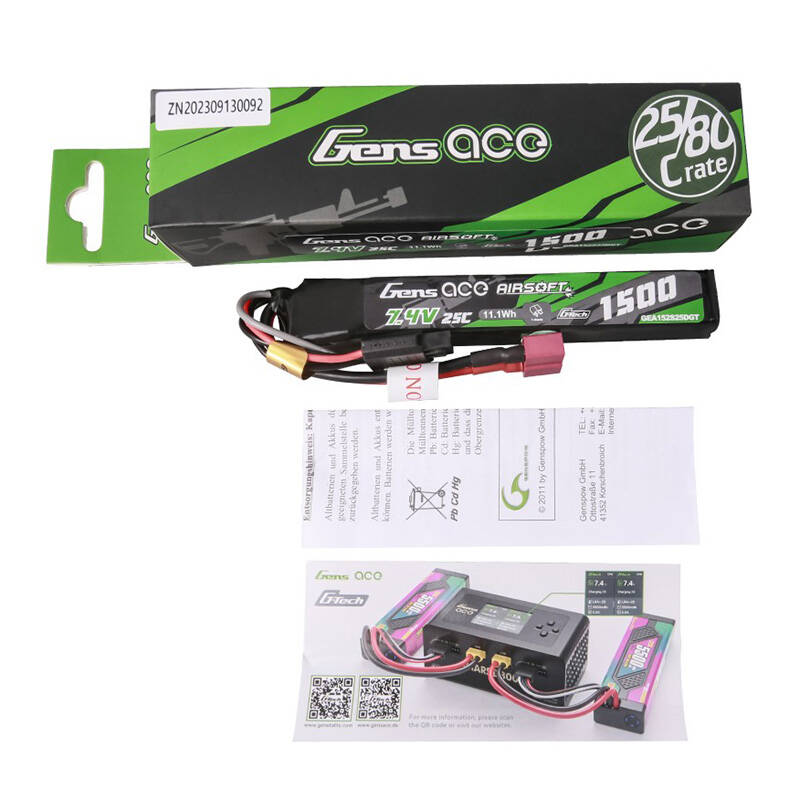 Gens ace G-Tech 25C 1500mAh 2S1P 7.4V Airsoft Gun Lipo baterija s T utikačem