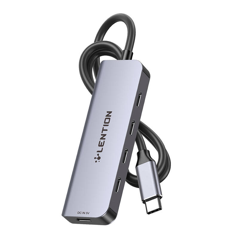 Lention 5in1 Hub USB-C na 4x USB-C 5Gbps + USB-C 5V-IN 15W (sivo)