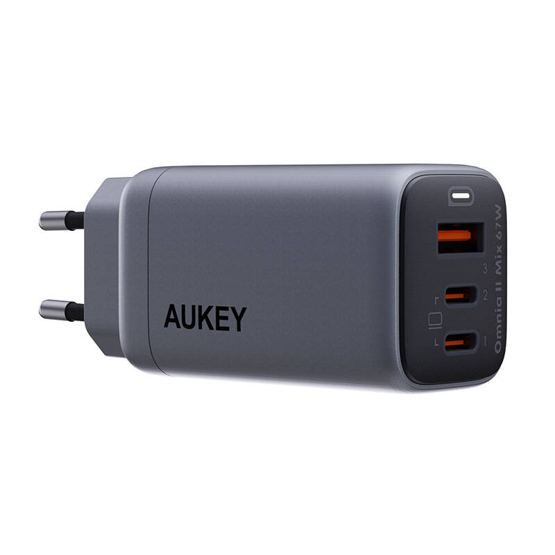 Zidni punjač Aukey PA-B6U, 1xUSB-A, 2xUSB-C, 67W (siv)