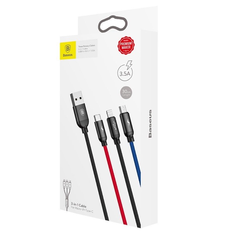 Baseus 3u1 kabel USB-C / Lightning / Micro 3,5A 0,3m (crni)