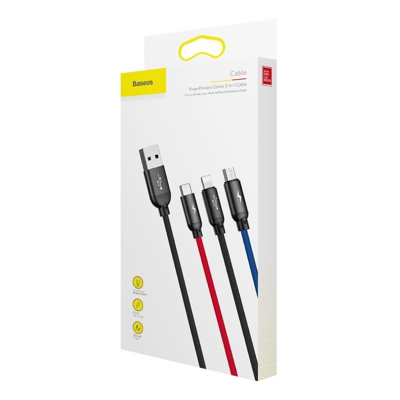 Baseus 3u1 kabel USB-C / Lightning / Micro 3,5A 0,3m (crni)