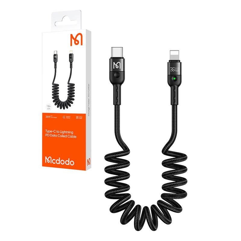 Mcdodo CA-1960 USB-C na Lightning opružni kabel, 36W, 1,8m (crni)