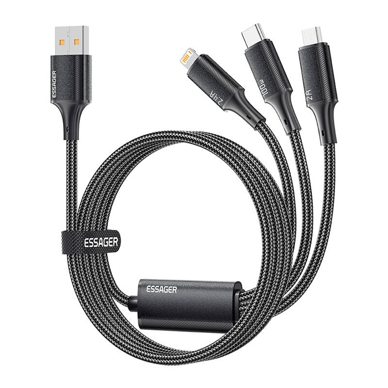 USB-A 3u1 kabel, Essager, EXCMTL-JJ01-P, USB-C/Lightning/Micro, 100 W, 1,2 m (crni)