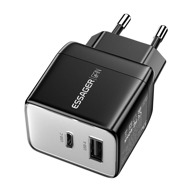 Zidni punjač, ​​Essager, ECT33W-LJB01-Z, GaN, 1xUSB-A, 1xUSB-C, 33W (crni)