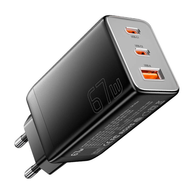 Zidni punjač, ​​Essager, ECT67W-LJB01-Z, GaN, 2xUSB-C, USB-A, 67W (crni)