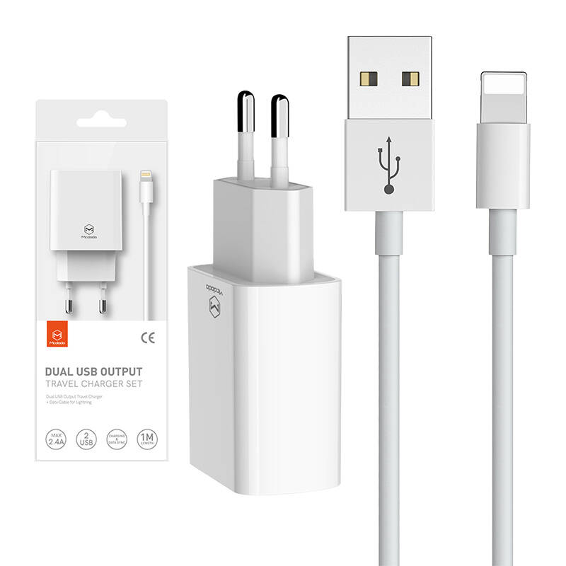 Dual USB punjač Mcdodo CH-6720 (EU) Lightning 1m Travel set (bijeli)