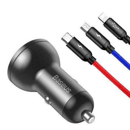 Baseus Digital Display Dual USB 4.8A auto punjač 24W s tri primarne boje 3-u-1 kabel USB 1.2M Crno odijelo sivo