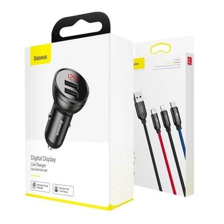 Baseus Digital Display Dual USB 4.8A auto punjač 24W s tri primarne boje 3-u-1 kabel USB 1.2M Crno odijelo sivo