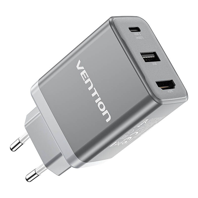 Vention FJAH0-EU USB(C+A)+HDMI GaN mrežni punjač (60W/5W/4K@60Hz) (sivo)