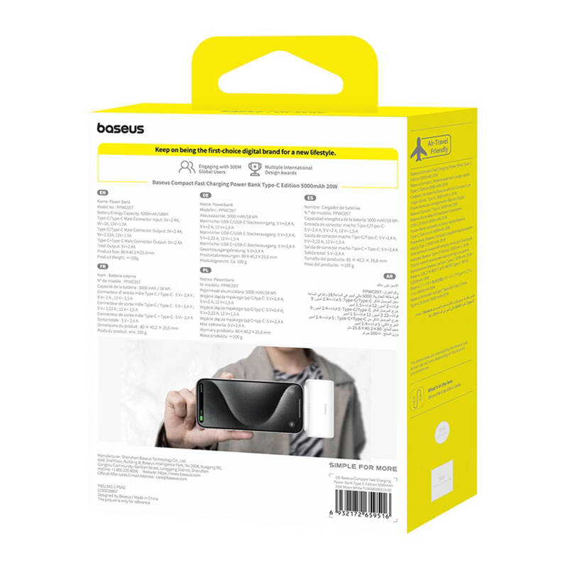PowerBank Baseus Compact 5000Mah, 20W, USB-C (White)