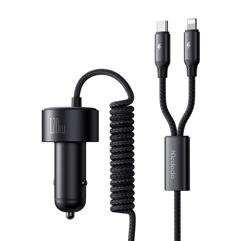 McDodo CC-0370 punjač automobila, USB-C, Lightning, 120W, uvlačivi kabeli