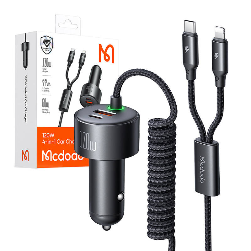 McDodo CC-0370 punjač automobila, USB-C, Lightning, 120W, uvlačivi kabeli