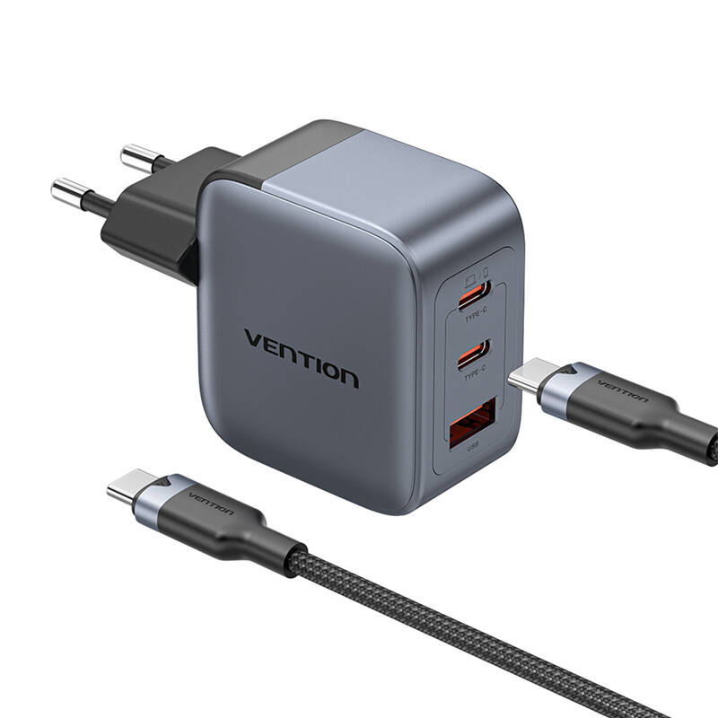 GAN VENTENS USB-C+C+A 70W punjač+USB-C-C kabel 1M (siva)