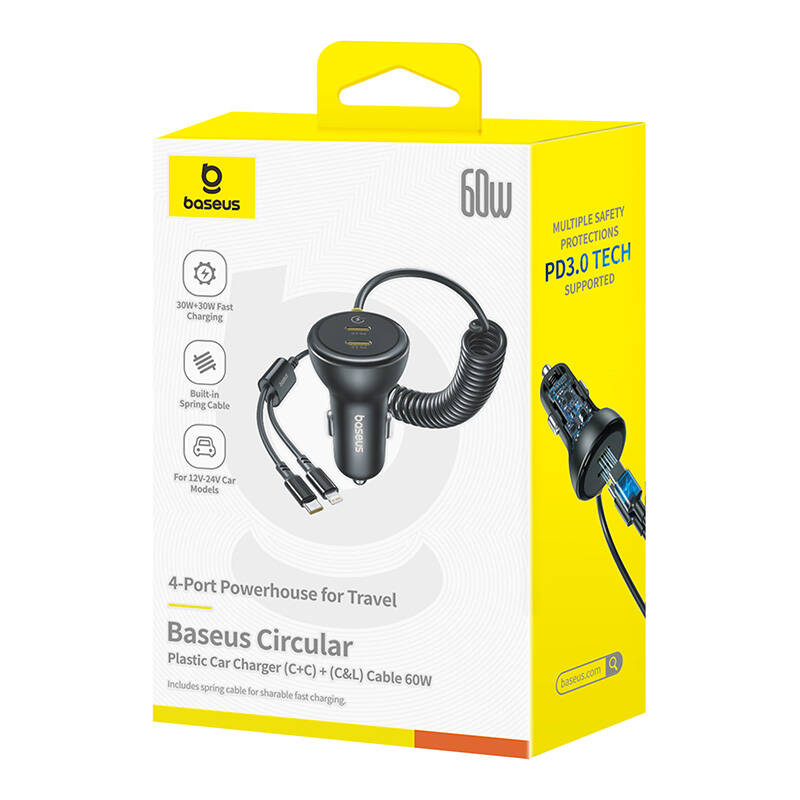 60W Baseus USB-C punjač automobila + Lightning kabel (crni)